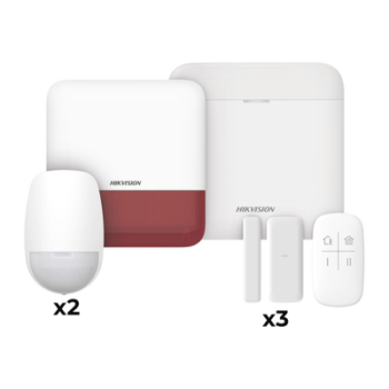 (AX PRO) KIT de Alarma AX PRO / Incluye: 1 Hub con batería de respaldo / 2 Sensores PIR / 3 Contactos Magnéticos mini / 1 Control Remoto / 1 Sirena Inalambrica Exterior color rojo  / WiFi / Compatible con Hik-Connect P2P