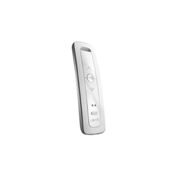 Control remoto 2 canales para motores de persiana Somfy con señal inalámbrica, instrucciones: sube, baja y detener, con posición favorita programada.