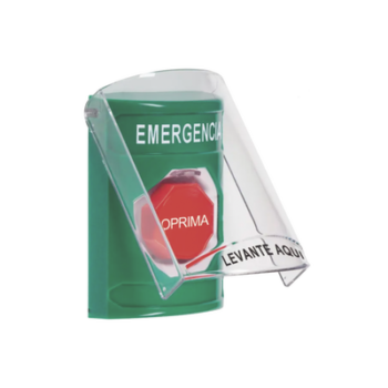 ​​Botón Multipropósito, Color Verde, De Superficie, Con Tapa De Policarbonato, Con Bocina Pre Alarma, Solo Interior, Llave Para Restablecer, Texto De Emergencia, Español
