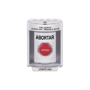 Botón de Abortar, Bocina de Advertencia Integrada, Texto en Español, Tapa Protectora de Policarbonato Súper Resistente con Espaciador, Restablecimiento con Llave