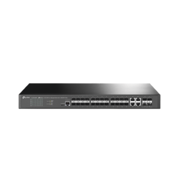 Switch de Fibra Óptica L2+ Omada / 24 puertos SFP 1GE / 4 Puertos Combinados SFP+/RJ45 Gigabit / 2 Puertos Consola RJ45|micro-SUB / Administración Centralizada Omada o Stand-Alone / Compatile con IPv6 /  Multicast IGMP