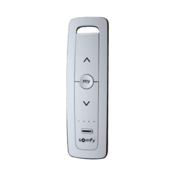 Control remoto 5 canales para motores de persiana Somfy con señal inalámbrica, instrucciones: sube, baja y detener, con posición favorita programada.