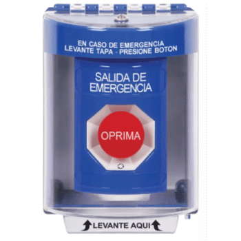 Botón Multipropósito, Color Azul, De Superficie, Con Tapa De Policarbonato, Sin Bocina, Para Interior/Exterior, Llave Para Restablecer, Texto Salida De Emergencia, Español