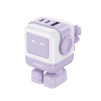 Cargador RobotGaN de 65W Serie UNO | 3 Puertos de Carga Rápida | 2 USB-C | 1 USB-A | PD 3.0 | QC 4.0 | Carga Inteligente | Tecnología GaN II | Zapato Magnético Extraíble | Carcasa Ignífuga | Pantalla LED