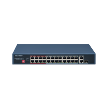 Switch PoE+ / No Administrable / 24 Puertos 10/100 Mbps PoE+ / 2 Puertos 1000 Mbps Uplink / 1 Puerto SFP Uplink / Modo Extendido hasta 300 Metros / 230 W