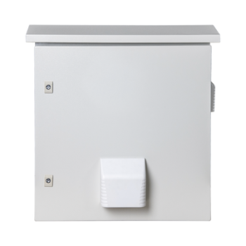 Gabinete Ventilado de Acero IP55 Uso en Exterior (593 x 609 x 399 mm) con Placa Trasera Interior Metálica y Compuerta Inferior Atornillable. Incluye Ventilador, Ventilas, filtros, Montaje Rack 19", Terminal de Tierra Física, Chapas y Ll