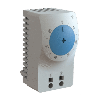 Termostato/Interruptor Para Control de Temperatura en Grados Celsius, Para Uso con Ventiladores, Con Terminales de Conexión, y Clip para Riel Din de 35 mm, Color Gris Claro
