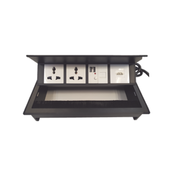 Caja Horizontal Tipo Hub para Escritorio Color Negro, con 1 Puerto HDMI Hembra-Hembra, 1 Puerto RJ45 Cat6, 2 Puertos USB (Solo Carga), y 2 Contactos Eléctricos Universales