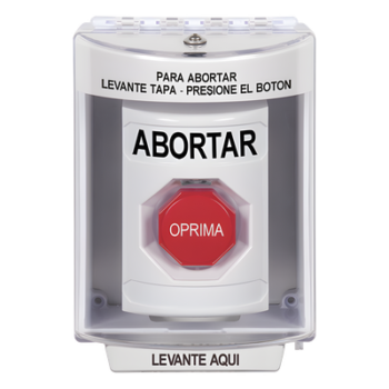 Botón de Abortar, Bocina de Advertencia Integrada, Texto en Español, Tapa Protectora de Policarbonato Súper Resistente con Espaciador, Restablecimiento con Llave