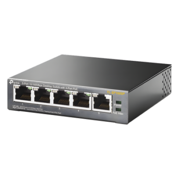 Switch PoE no Administrable de escritorio / 5 puertos 10/100 Mbps / 4 puertos PoE af/at / Presupuesto 67 W / Modo Extensor hasta 250 m / Calidad video prioritaria