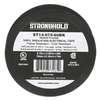 Cinta Eléctrica STRONGHOLD para Aislar, de PVC, Uso General Reparación y Mantenimiento, Grosor de 0.18mm (7 mil), Ancho de 19mm, y 18m de Largo, Color Negro