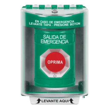 Botón de Salida de Emergencia, Cubierta de Policarbonato Súper Resistente de Superficie con Espaciador, Activación de Acción Mantenida, Con Bocina de Advertencia