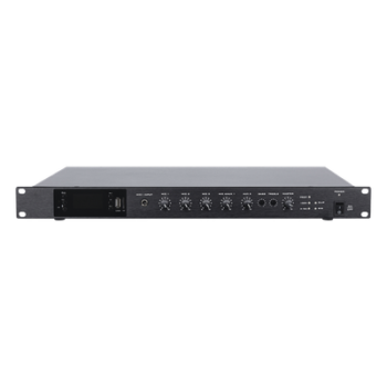 Amplificador de Audio | 1 canal | 350 W | Sistema 100V y Baja Impedancia | 4 Entradas de Micrófono Balanceadas | Bluetooth | USB | SD | FM | Montaje en Rack