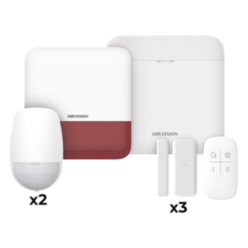 (AX PRO) KIT de Alarma AX PRO con GSM (3G/4G) / Incluye: 1 Hub con bateria de respaldo / 2 Sensores PIR / 3 Contactos Magnéticos mini / 1 Control Remoto / 1 Sirena estrobo Roja Inalambrica Exterior  / WiFi / Compatible con Hik-Connect P2P