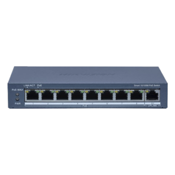 Switch PoE+ / Monitoreable / 8 Puertos 10/100 Mbps PoE+ / 1 Puerto 1000 Mbps Uplink /  Configuración Nube Hik-Partner Pro / Modo Extendido hasta 300 metros / 60 W