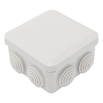 Caja Estanca, Derivación, Conexión de Plástico (89 X 89 X 50 mm) con 7 Glándulas de Goma. Para Instalaciones Comerciales,  Residenciales e Industriales. Cerrado a Presión.