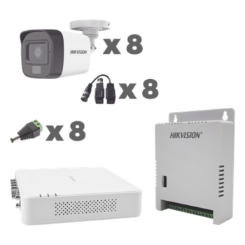 KIT TurboHD 1080p / DVR 8 Canales con audio por coaxitron / 8 Cámaras con Micrófono Integrado 101° Visión/  luz blanca + IR visión nocturna  / Transceptores / Conectores / Fuente de Poder Profesional