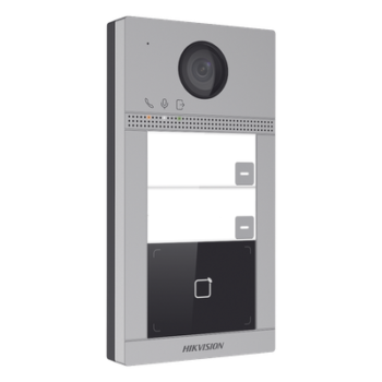 Videoportero IP 2 Megapixel / Llamada y Apertura Remota desde App Hik-Connect (requiere monitor) / PoE / Exterior IP65 + Antivandalico IK08 / 2 Departamentos / Apertura con Tarjeta / Soporta 2 Puertas y hasta 6 Monitores
