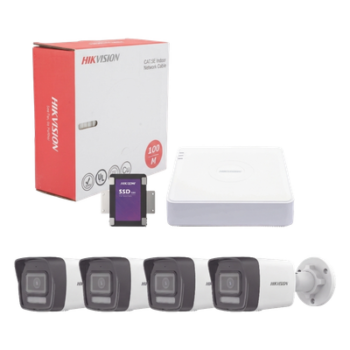 Kit IP 4 Megapixel / NVR de 4 Canales con 4 Puertos PoE / 4 Cámaras IP Bala Dual Light (IR + Luz Blanca) con Microfono Integrado y ACUSENSE Lite para Exterior/ Bobina de Cable de 100 mts / SSD de 1 TB