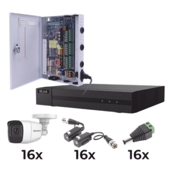 KIT TurboHD 1080p / DVR 16 Canales / 16 Cámaras Bala Policarbonato con Microfono (exterior 2.8 mm) / Transceptores / Conectores / Fuente de Poder Profesional