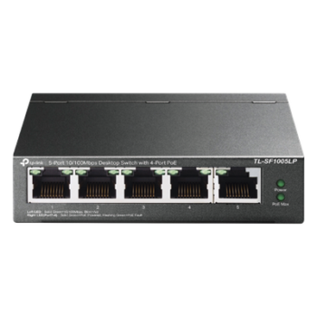 Switch PoE No Administrable de Escritorio / 5 puertos 10/100 Mbps / 4 puertos PoE af / Presupuesto 41 W / Modo extensor PoE hasta 250 metros / Calidad video prioritaria