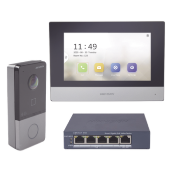 Kit de Videoportero IP + Switch Poe Poe Estandar con llamada a App de Smartphone (HikConnect) / Apertura con tarjeta MIFARE / Frente de calle IP65 / Soporta 1 Departamento