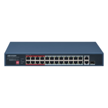 Switch PoE+ / No Administrable / 24 Puertos 10/100 Mbps PoE+ / 2 Puertos 1000 Mbps Uplink / 1 Puerto SFP Uplink / Modo Extendido hasta 300 Metros / 230 W