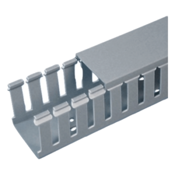 Canaleta Ranurada de PVC con Tapa, Tipo F, 82.6 mm de Ancho, 79.2 mm de Alto y 2 m de Largo, Color Gris