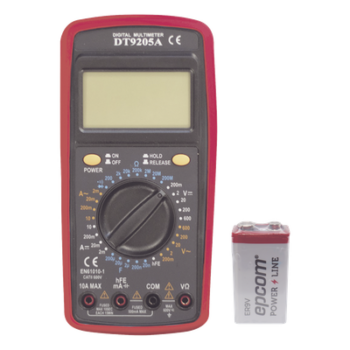 KIT Multímetro Digital DT9205A 600 Vcc /  Vca  CATII,  con Pantalla LCD. Incluye Batería ER-9V de 9V