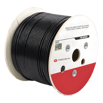 Bobina de Cable de UTP de 4 Pares Cat5e de 305 Metros (1000 Pies), 100% Cobre, LDPE Resistente a Rayos UV Relleno de Gel, Color Negro, 24 AWG, Uso en Exterior, Para Aplicaciones de Voz, Datos y Video