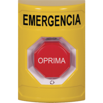 Botón de Emergencia en Español, Color Amarillo, Acción Mantenida, Girar para Restablecer y LED Multicolor