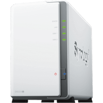 NAS DiskStation DS223j | 2 Bahías | CPU Realtek RTD1619B 1.7 GHz | 1 GB DDR4 | Puerto 1GbE RJ-45 | USB 3.2 Gen 1 | Compatible con HDD y SSD | Synology DSM | RAID 0, 1, JBOD | SMB, AFP, NFS, FTP | Vigilancia IP