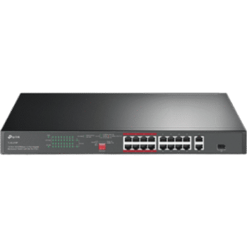 Switch PoE+ no Administrable 16 puertos 10/100 Mbps + 2 puertos 10/100/1000 Mbps + 1 puerto SFP, 8 puertos Extensor PoE (hasta 250 m), 150W, diseño para Vigilancia IP