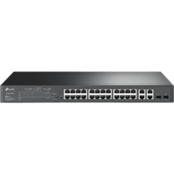 Switch PoE+ JetStream SDN Administrable 24 puertos 10/100 Mbps + 2 puertos 10/100/1000 Mbps (Uplink) + 2 puertos SFP (combo 2 RJ45 10/100/1000 Mbps), 250W, administración centralizada OMADA SDN