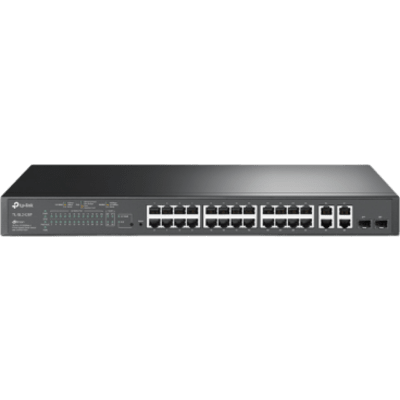 Switch PoE+ JetStream SDN Administrable 24 puertos 10/100 Mbps + 2 puertos 10/100/1000 Mbps (Uplink) + 2 puertos SFP (combo 2 RJ45 10/100/1000 Mbps), 250W, administración centralizada OMADA SDN