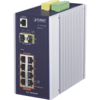 Switch Industrial Administrable Capa 2, 8 puertos PoE Gigabit 802.3af/at, 2 Puertos SFP de 1 / 2.5 Gigabit, Entrada de Voltaje Secundaria para Fuente Redundante