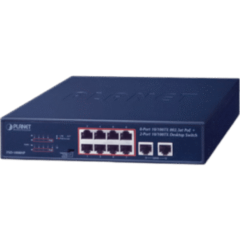 Switch de Escritorio de 8 Puertos 10/100TX 802.3at PoE+ / 2 Puertos 10/100TX / 120W PoE Budget / Modos Standard, VLAN y Extendido / Distancia Extendida Hasta 250m