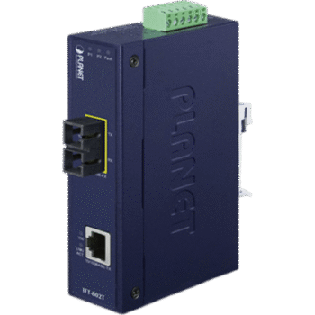 Convertidor de Medios Industrial, Multimodo, Puertos 10/100 Base-TX a 100 Base-FX, Interfaz SC, Hasta 2 km, Carcasa IP30, Soporta Temperatura de -40 a 75°C.