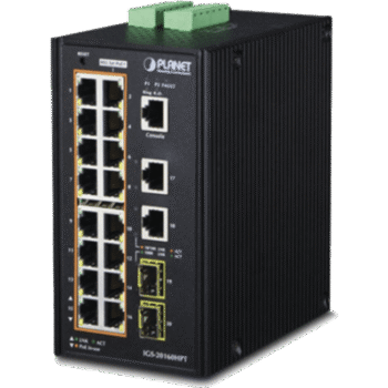 Switch Industrial Administrable 16 puertos 10/100/1000 T 802.3at PoE + 2 Puertos 10/100/1000 T + 2 puertos 100/1000 X SFP