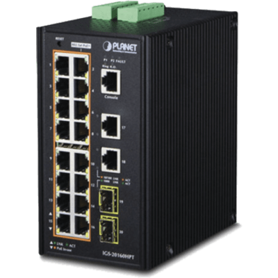 Switch Industrial Administrable 16 puertos 10/100/1000 T 802.3at PoE + 2 Puertos 10/100/1000 T + 2 puertos 100/1000 X SFP