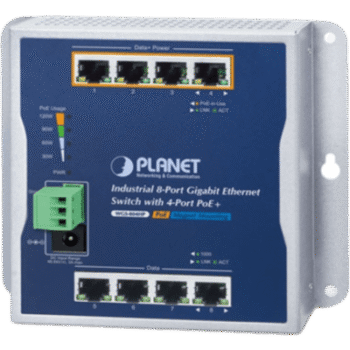 Switch Industrial No Administrable, Múltiple Montaje (Pared, Riel DIN y Magnético), 8 Puertos Gigabit con 4 puertos PoE 802.3at, Hasta 120 W.
