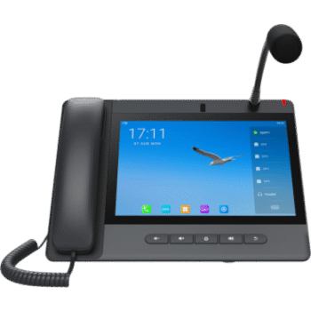 Teléfono IP Android 9.0 Empresarial para voceo 20 líneas SIP, pantalla táctil, Wi-Fi y Bluetooth, PoE, Voceo/ Musica por Multicast, puertos Gigabit, soporta recepción de video.