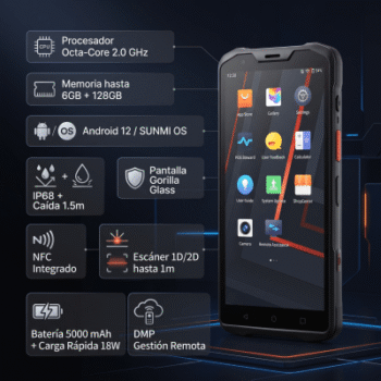 Handheld SUNMI L2S PRO / Octa-Core 2.0 GHz / 4GB RAM 64GB / IP68 / Escáner 1D/2D 1 m / NFC / 5000 mAh / Android 12