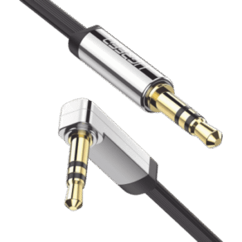 Cable Auxiliar Plano 2 Metros / Conector 3.5mm a 3.5mm / Macho-Macho / Recto a Angulo / Ángulo de 90° en una de sus Puntas / Color Negro