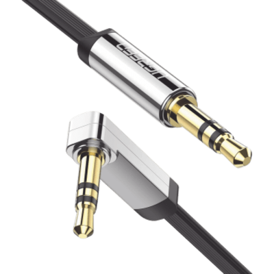 Cable Auxiliar Plano 2 Metros / Conector 3.5mm a 3.5mm / Macho-Macho / Recto a Angulo / Ángulo de 90° en una de sus Puntas / Color Negro