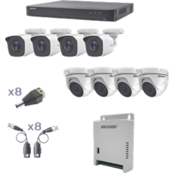 KIT TurboHD 1080p / DVR 8 Canales / 4 Cámaras Bala (exterior 2.8 mm) / 4 Cámaras Eyeball (exterior 2.8 mm) / Transceptores / Conectores / Fuente de Poder Profesional hasta 15 Vcc para Largas Distancias