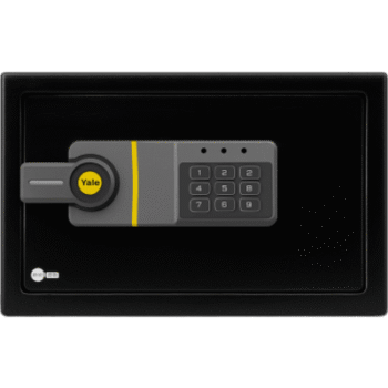 Caja Fuerte Electrónica Residencial / Sistema de Apertura por Código 3-8 Dígitos / Llave de Emergencia / Bloqueo de Seguridad 5 Minutos / Indicadores LED / Alimentación 4 Pilas AA / Garantía 1 Año