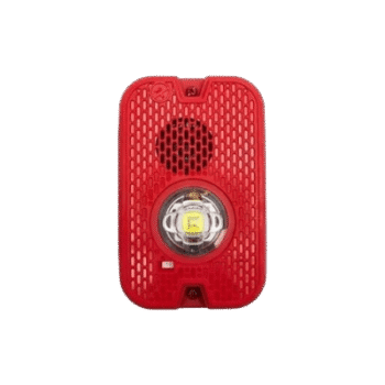 Sirena con Lámpara LED Estroboscópica / 2 Hilos / Montaje en Pared / 16 a 24 Vcd / Configuración Estroboscópica Seleccionable / Texto en Inglés / Color Rojo / Uso exterior