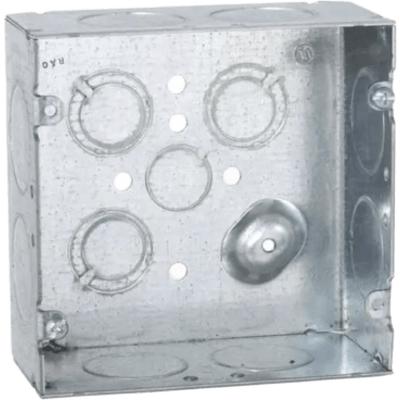Caja Cuadrada 4 11/16 x 4 11/16"/ Profundidad 2- 1/8"/ Cuenta con 1 Entrada de 1/2", 8 de 1" y 3 TKO (1/2"-3/4").