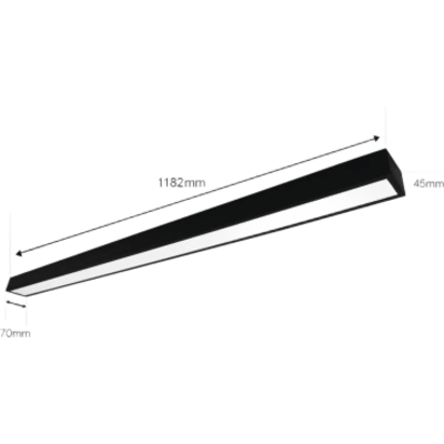 Panel LED Suspendido 22 W / 127 Vca~60Hz / Flujo luminoso 1 980 lm / Medidas 1182 x 70 x 45 mm / TCC 6 500 K / Ángulo de Luz de 140°.